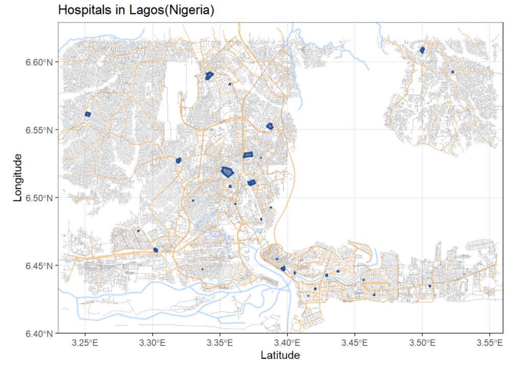 A black and white map of Logos, Nigeria, showing highways in orange, smaller streets in grey, rivers in light blue, and navy blue shapes outlining hospital locations