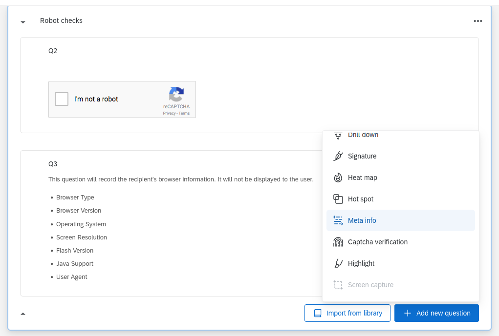 A screenshot of adding a Meta info question to a Qualtrics survey.